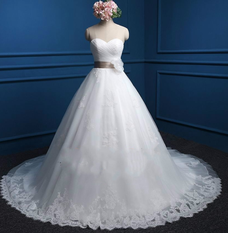 Sweetheart Lace Ball Gown With Flower Sash Tulle Lace Wedding Dress Lace Up Back Real Photos