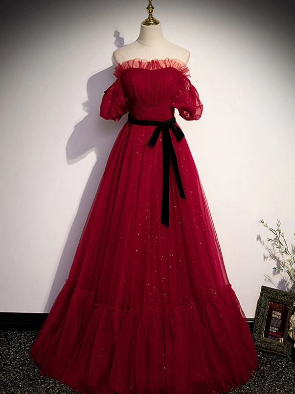 Prom Dresses,burgundy Tulle Long Prom Dress, A Line Burgundy Evening Dress