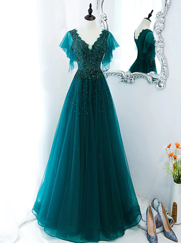 Prom Dresses,v Neck Tulle Sequin Beads Long Prom Dress, Evening Dress