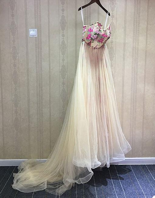 Unique Champagne Tulle Long Prom Dress, Sweetheart Evening Dress