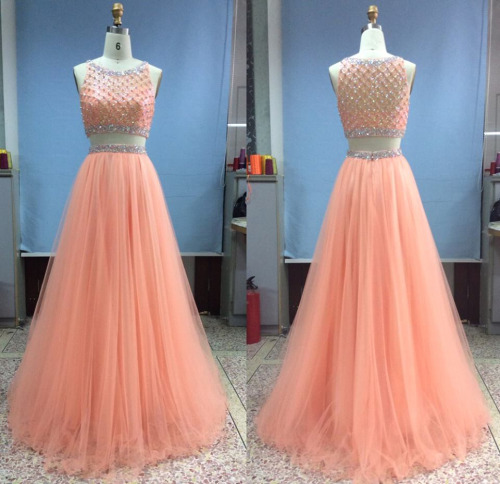 Peach A Line Two Pieces Prom Dresses Rhinestones Crystal Beaded Tulle Pleated Sheer Neckline Evening Dresses Formal Dresses Pageant Dress