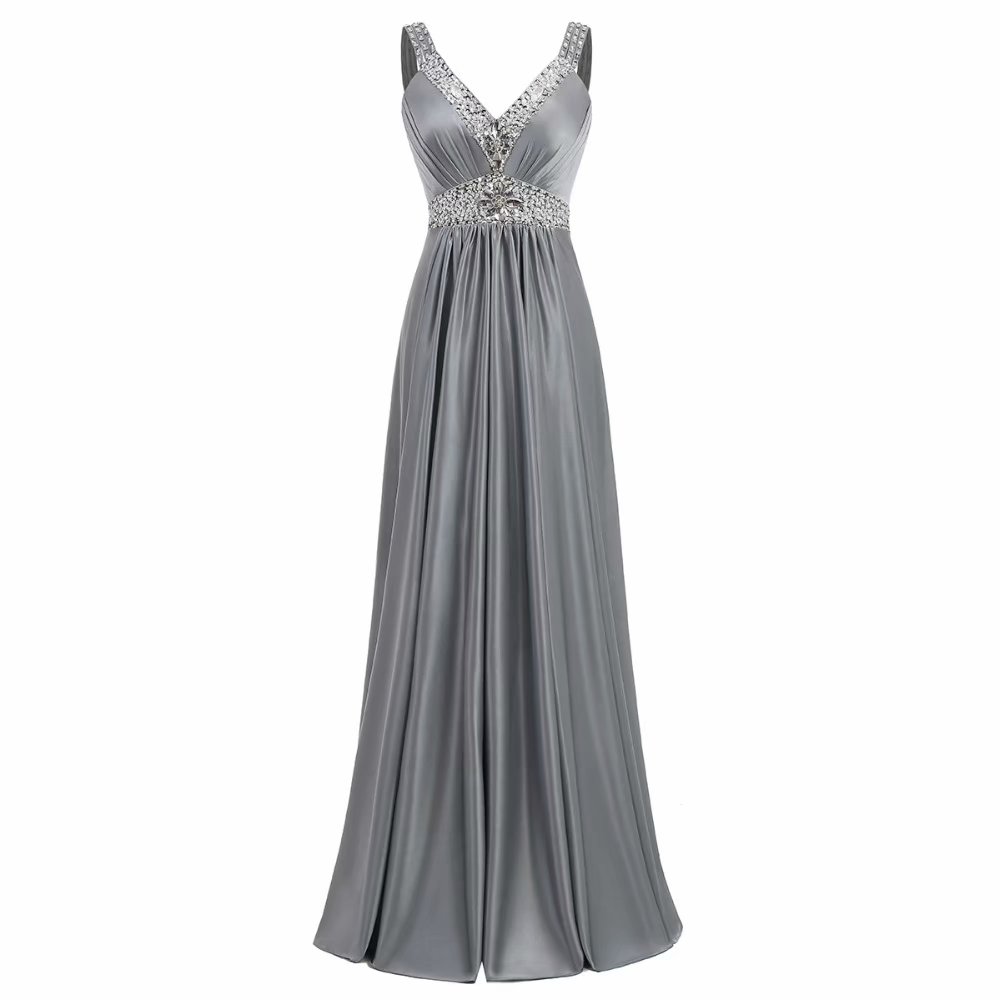 Grey Evening Dresses Satin Wedding Party Gowns Long Beading V Neck Formal Evening Dress