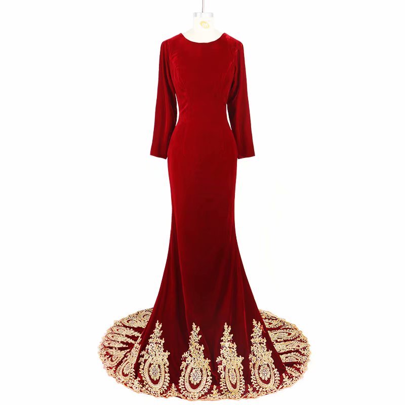 Red Prom Dresses O Neck Sweep Train Long Sleeve Evening Gown Mermaid Zipper Backless Vestido De
