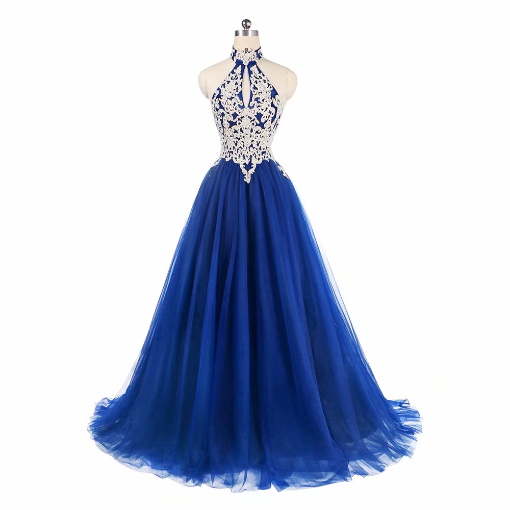 Halter Prom Dresses Blue Tulle Sweep Train Sleeveless Evening Gown A-line Backless Vestido De