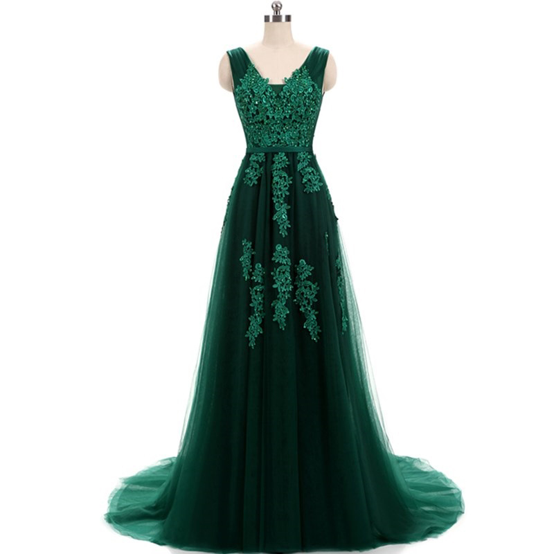 Hunter Green Lace Applique Tulle Prom Dresses Featuring V Neck and Lace-Up -- Sexy Formal Dress, Party Dresses