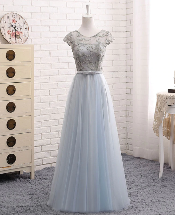 Prom Dresses,a Line Round Neck Lace Tulle Long Prom Dress, Evening Dress