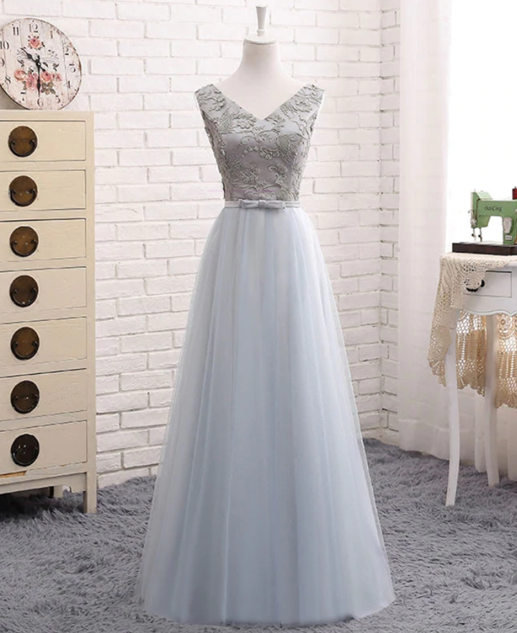 Prom Dresses,a Line V Neck Lace Tulle Long Prom Dress, Evening Dress
