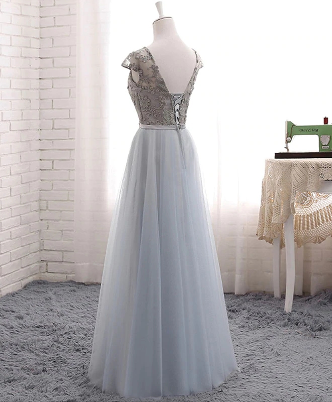 Long A-line V Neck Tulle Lace Prom Formal Graduation Evening Dresses