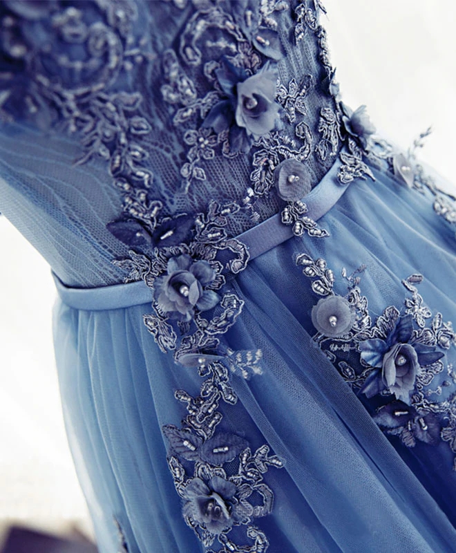 Beautiful Light Dresses Lace Blue Rose Prom Dress A-line V Neck Tulle Sweep  Train Prom