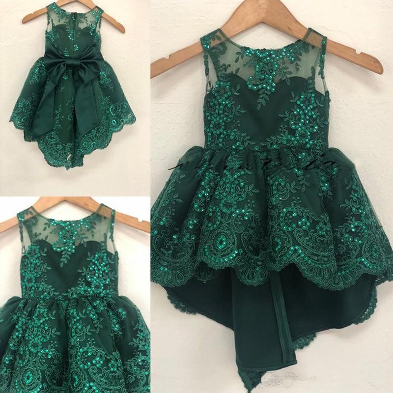 Vintage Flower Girl Dresses For Wedding Hi-lo Emeral Green Big Bow Middle East Dubai Princess Kids First Communion Gowns Birthday
