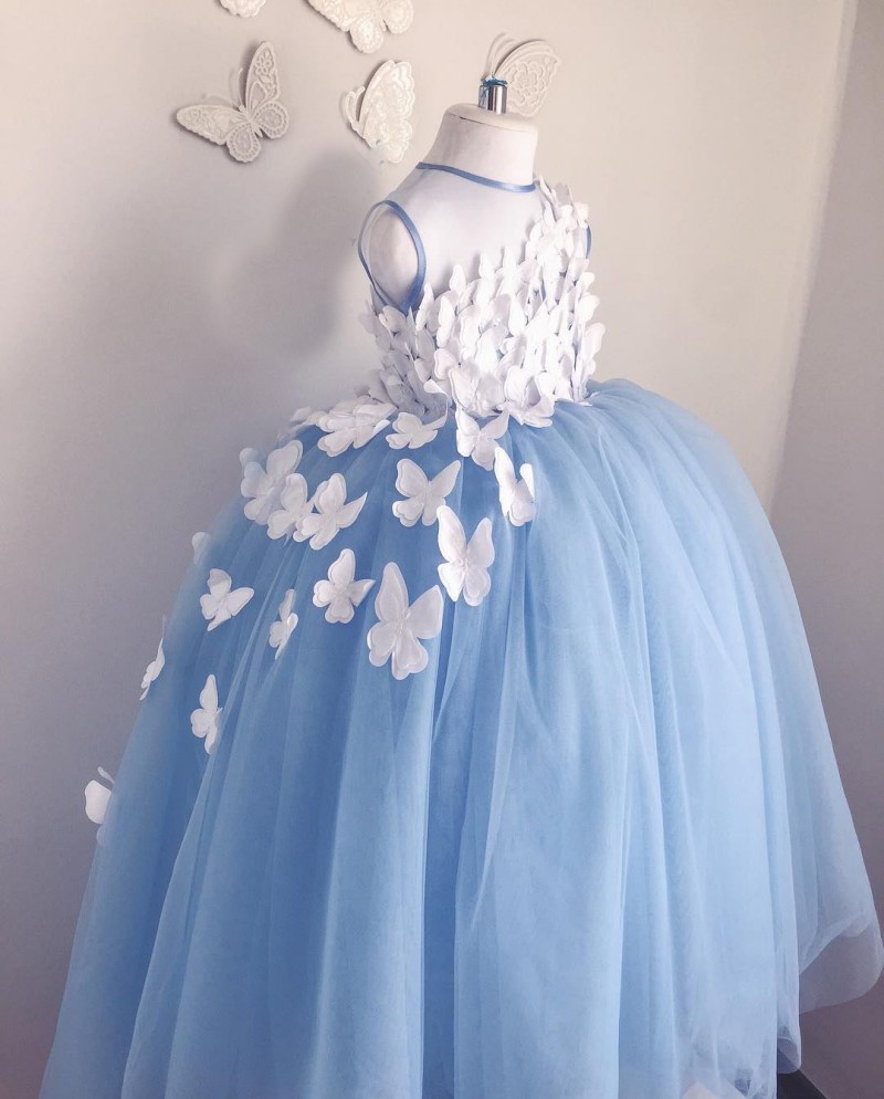 Sky Blue Ball Gown Flower Girl Dresses Tulle 3d Floral Appliques Pageant Gowns Butterfly Communion Fancy Dress Costumes