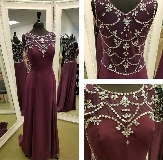 Long Prom Dresses, A-line Beadings Burgundy Prom Dress , Long Formal Gown,evening Dress