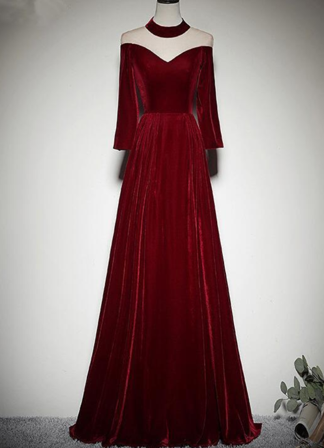 Prom Dresses,long Sleeves Round Neckline Party Dress, A-line Floor Length Prom Dresses
