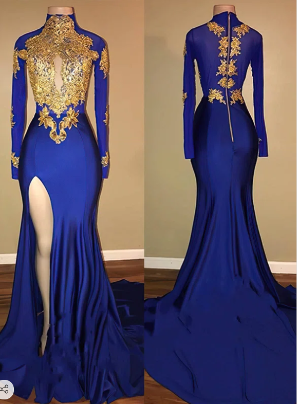 Trumpet/mermaid High Neck Jersey Sweep Train Appliques Lace Prom Dresses