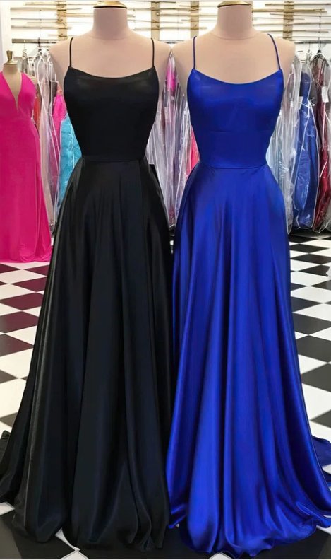 A-line Square Neckline Silk-like Satin Sweep Train Prom Dresses