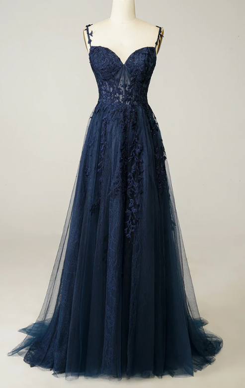 A Line Spaghetti Straps Navy Prom Dress With Appliques