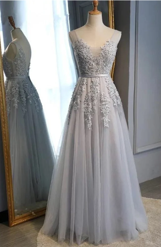 Grey Prom Dress Wedding Dress Ball Gown Graduation Photoshoot Bridal Formal Occasion Long Sleeveless Beaded Applique Zipper Back Lace