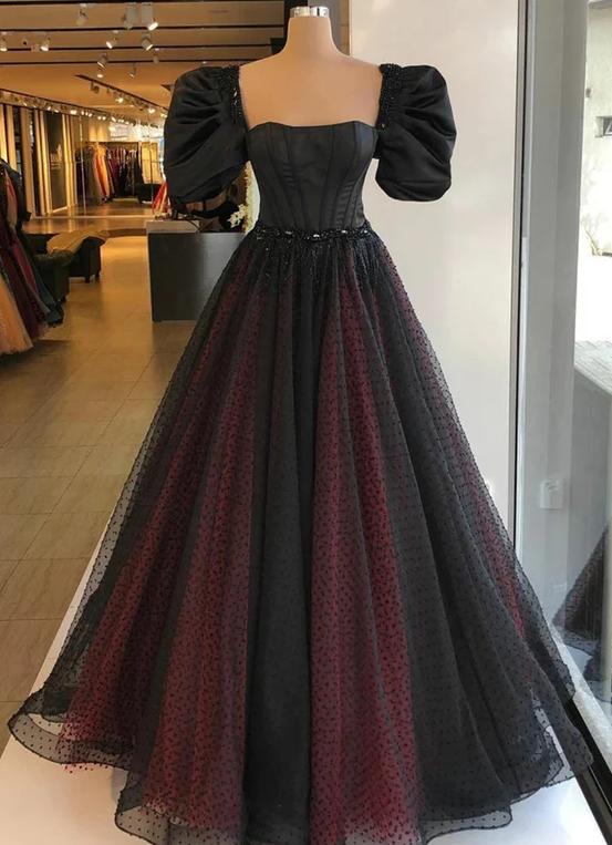Black & Burgundy Dotted Tulle Prom Dress, Puffy Sleeves Square Neckline Dress, Beading Evening Dress, Corset Evening Gown, Plus Size