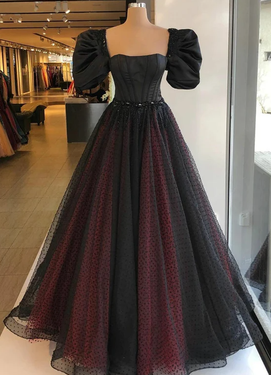 Black & Burgundy Dotted Tulle Prom Dress, Puffy Sleeves Square