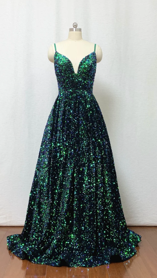Sequin Prom Dress 2023 Ball Gown Forest Green Long Evening Dress