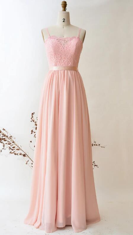 Bridesmaid Dress Blush Chiffon Long Prom Dress, Top Lace With Chiffon Skirt Wedding Dress, A-line Party Dress Maxi Women Dress