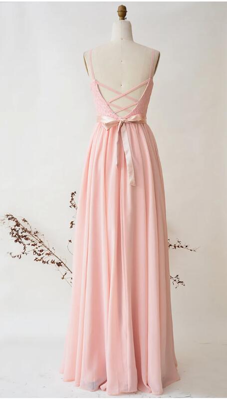 Bridesmaid Dress Blush Chiffon Long Prom Dress, Top Lace with Chiffon Skirt Wedding Dress, A-Line Party Dress Maxi Women Dress