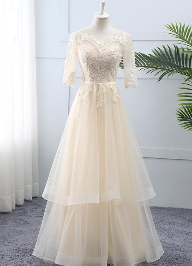 Prom Dresses,tulle Lace Short Sleeves Wedding Party Dress, A-line Long Formal Dress Prom Dress