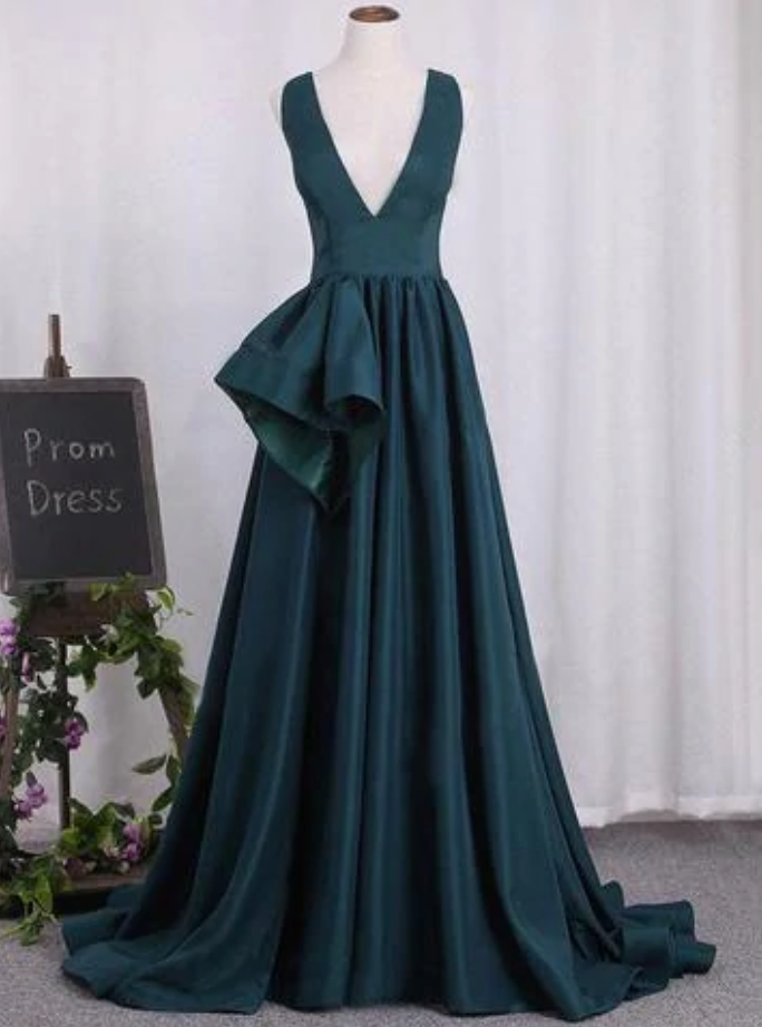 Prom Dresses,a-line Sleeveless V-neck Satin Long Prom Dresses