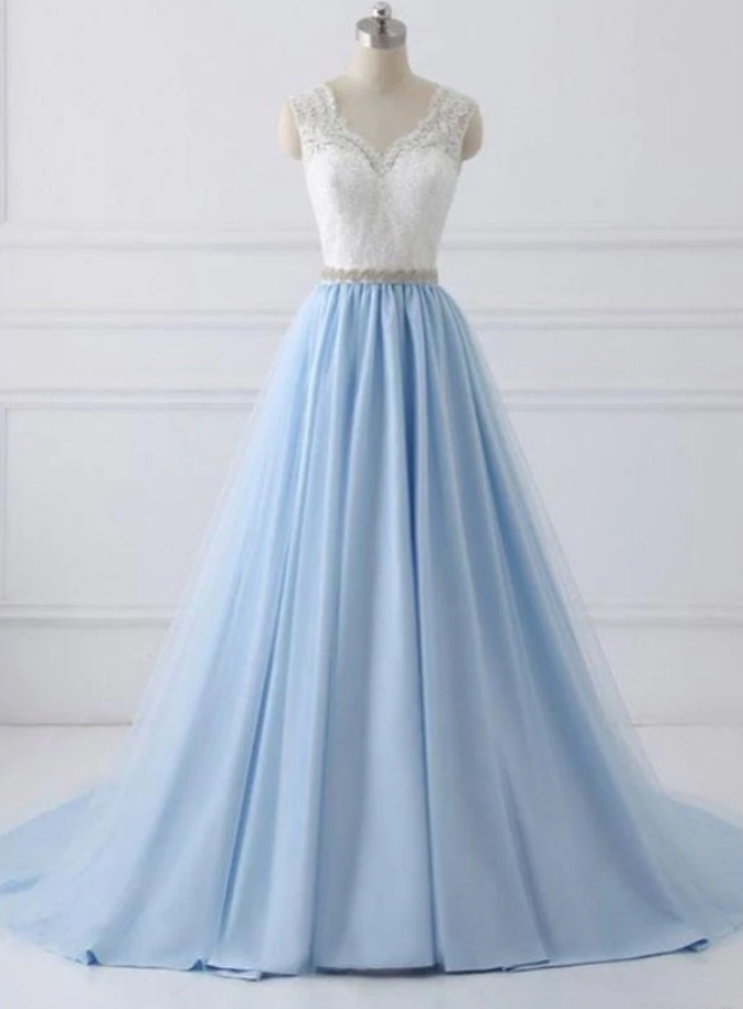 prom Dresses,V-neck Lace Appliques Bodice Long Prom Dresses,Elegant Prom Dress