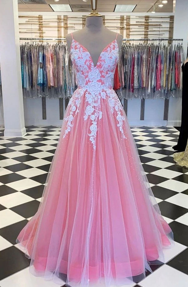 prom Dresses,A Line V Neck Long Prom Dress with Lace Appliques, V Neck Formal Dress, Evening Dress 