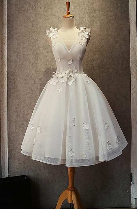 White Tulle Short V-Neckline Party Dress, Cute Homecoming Dress, Prom Dress