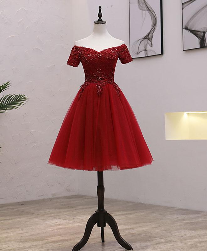 Beautiful Off Shoulder Short Tulle With Lace Party Dress, Short Red Homecoming Dresses