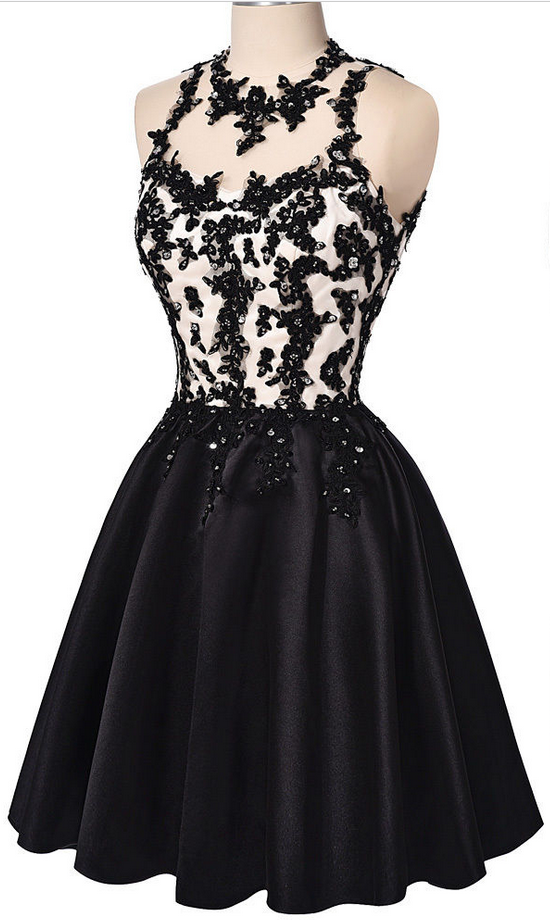 Black Applique Satin Homecoming Dress , Little Black Party Dresses, Cocktail Dresses