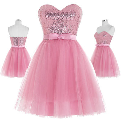 Lovely Pink Short Tulle And Sequins Homecoming Dress With Bow, Sweetheart Homecoming Dresses,short Homecoming Dress