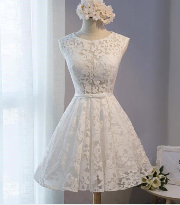 white lace dress graduation Abby Lace Puff Sleeve Tie-Up Back Dress White