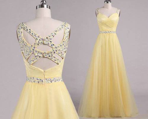 Cross Back Prom Dresses, Prom Dresses,yellow Prom Gown, Evening Dresses