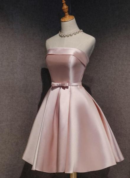 Cute Pink Satin Scoop Knee Length Short Prom Dress, Homecoming Dress, Pink Formal Dresses