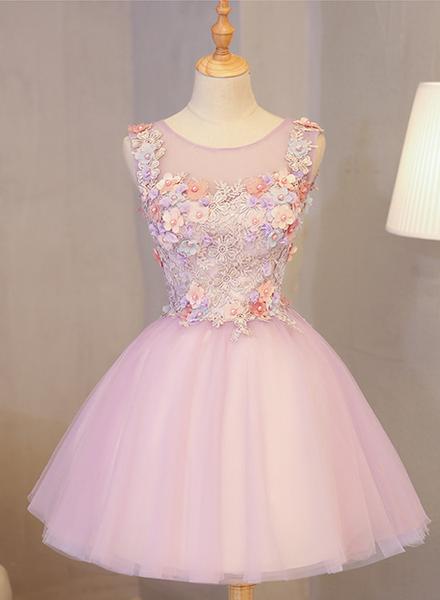 Cute Pink Round Neckline Tulle Party Dress With Flowers, Lovely Formal Dress