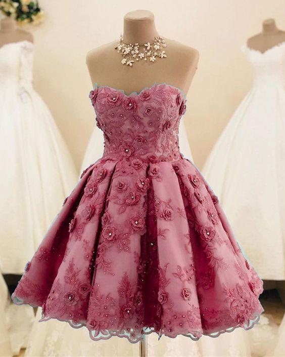 Pink Floral Lace Homecoming Dresses