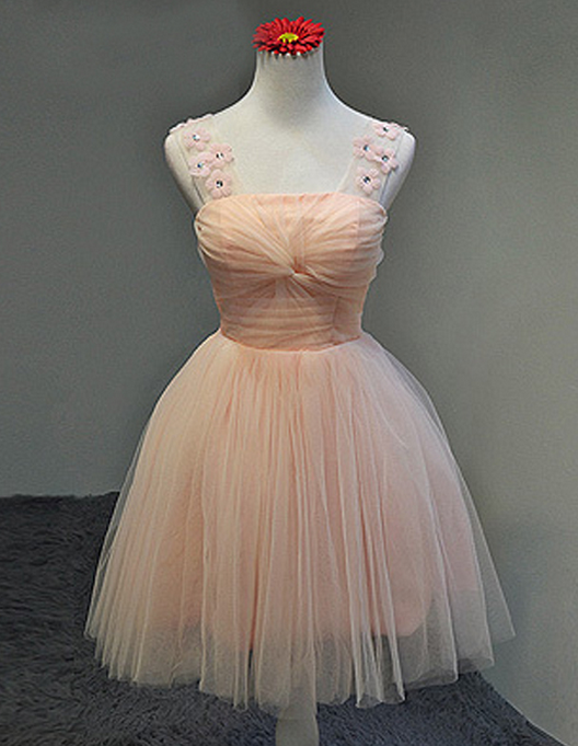 Straps Pink Cute Homecoming Dress, Tulle Short Prom Dress, Bridesmaid Dresses