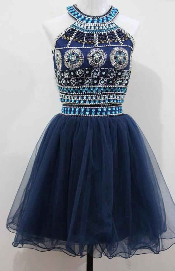 Crystal Beaded Two Piece Homecoming Dresses ,sequined Short Prom Dress,gorgeous O-neck Party Dress