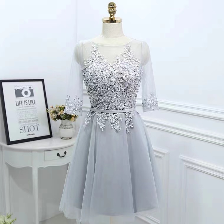Gray Homecoming Dress, Mid-sleeve Bridesmaid Dress, Lace Party Dress
