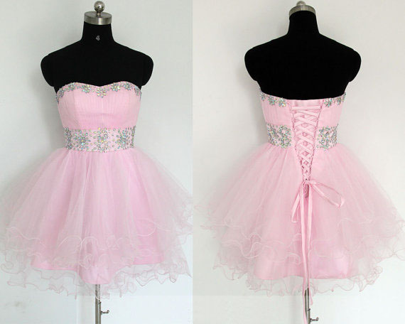 Pink Short Prom Dress, Sweet Heart Prom Dress, Knee-length Prom Dress, Lace Up Prom Dress