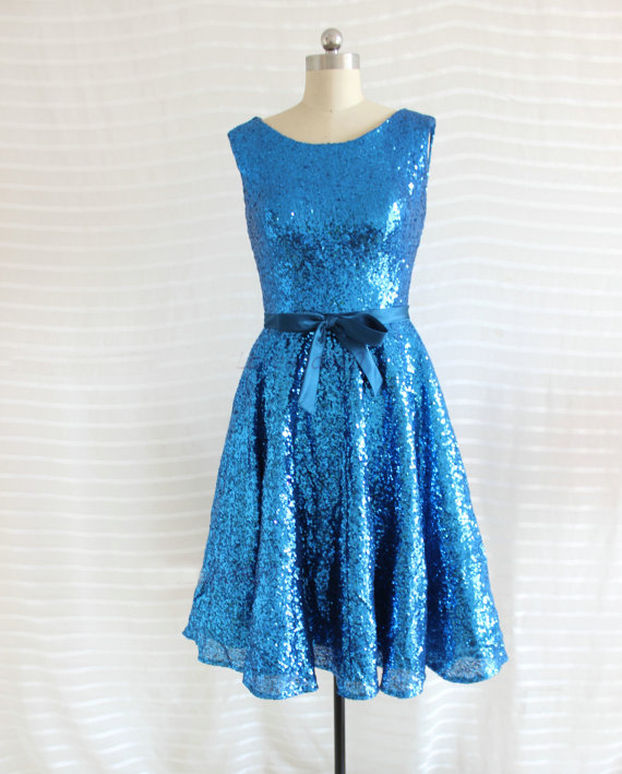 Sequin Knee-length Bridesmaid Dress, Blue Bridesmaid Dress, Shining Bridesmaid Dress