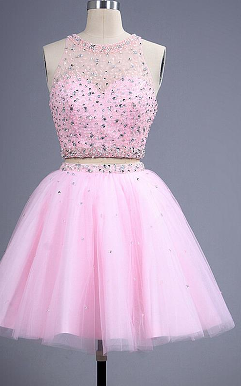 Pink Graduation Cocktail Dresses, Crystal Short Evening Dresses, Crystal 2 Piece Mini Prom Dresses