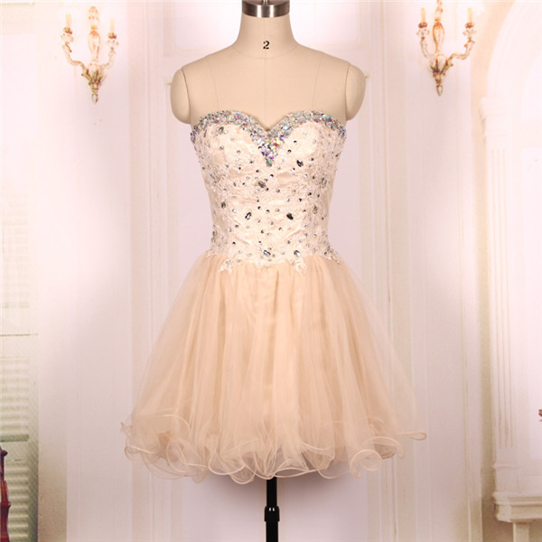Sweetheart Beaded Ball Gown, Tulle Champagne Short Prom Dresses Gowns, Formal Evening Dresses Gowns, Homecoming Graduation Cocktail Party Dresses