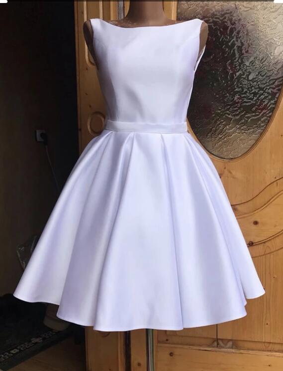 Simple White Satin Short Homecoming Dress With Bow , Short Cocktail Party Gowns