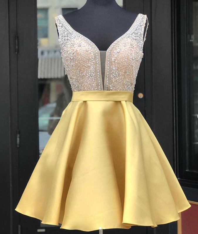 gold beaded homecoming dress Golden Homecoming Dress Spaghetti Straps Beaded Fringed Tight Short Hoco Dress Suzhoufashion main image 0