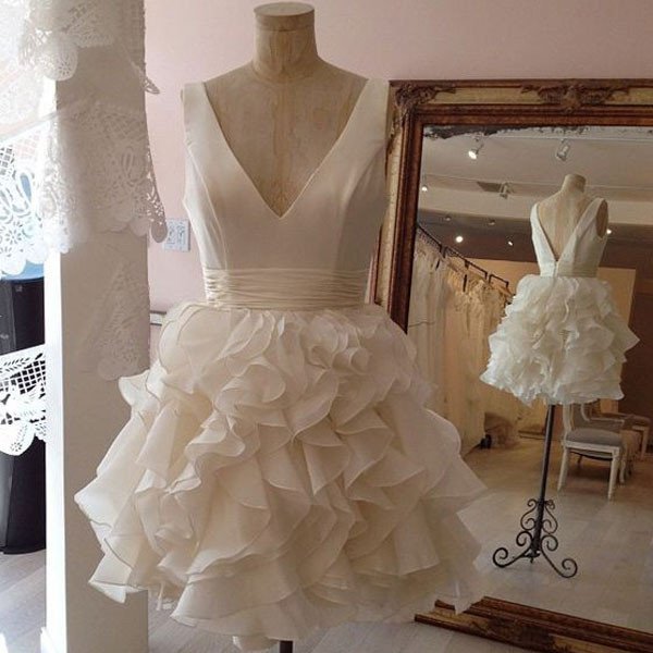 navy blue homecoming dresses long sleeve A-Line Tulle Flower White Short Prom Dress, White Homecoming Dress – shopluu main image 1