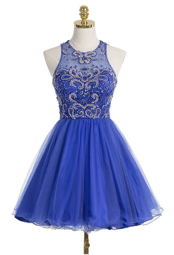 Shining Sleeveless Beaded Halter Royal Blue Homecoming Dresses,short Prom Dresses